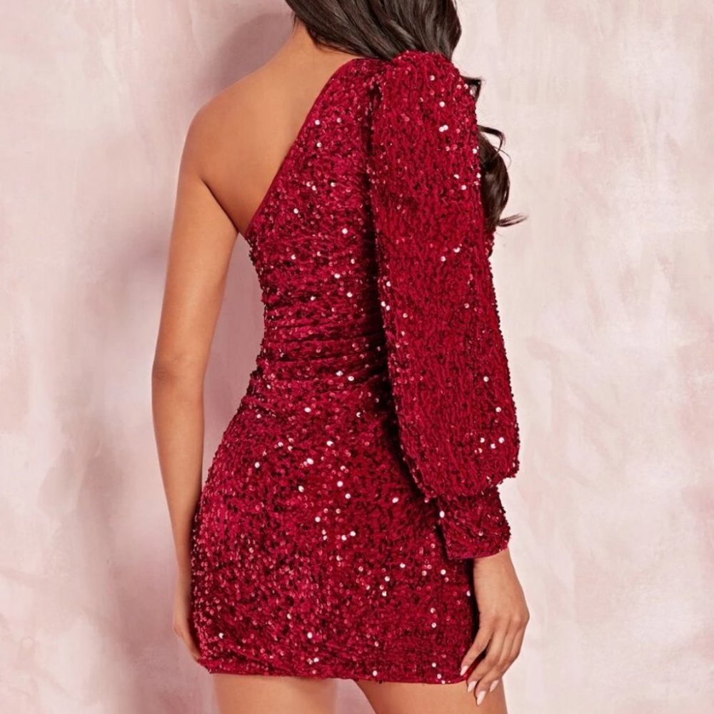 burgundy Sequin One Shoulder Lantern Sleeve Bodycon mini Dress - Picture 2 of 6
